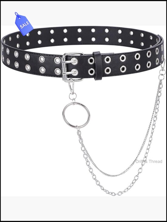 Double Prong Buckle PU Leather Punk Rock Belts with Chain main image 5